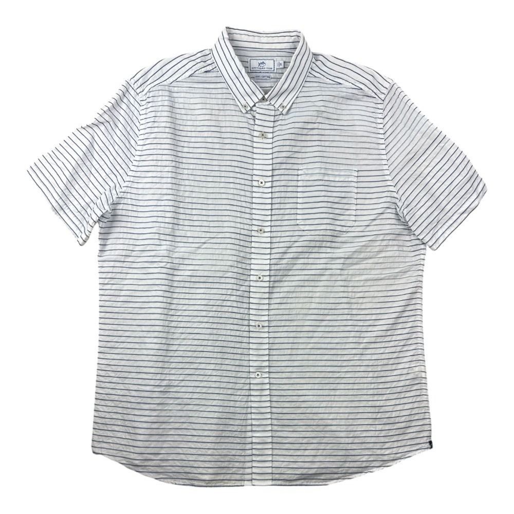 Southern Tide Men XL Button Down Shirt White Blue Striped Short Sleeve Nautical